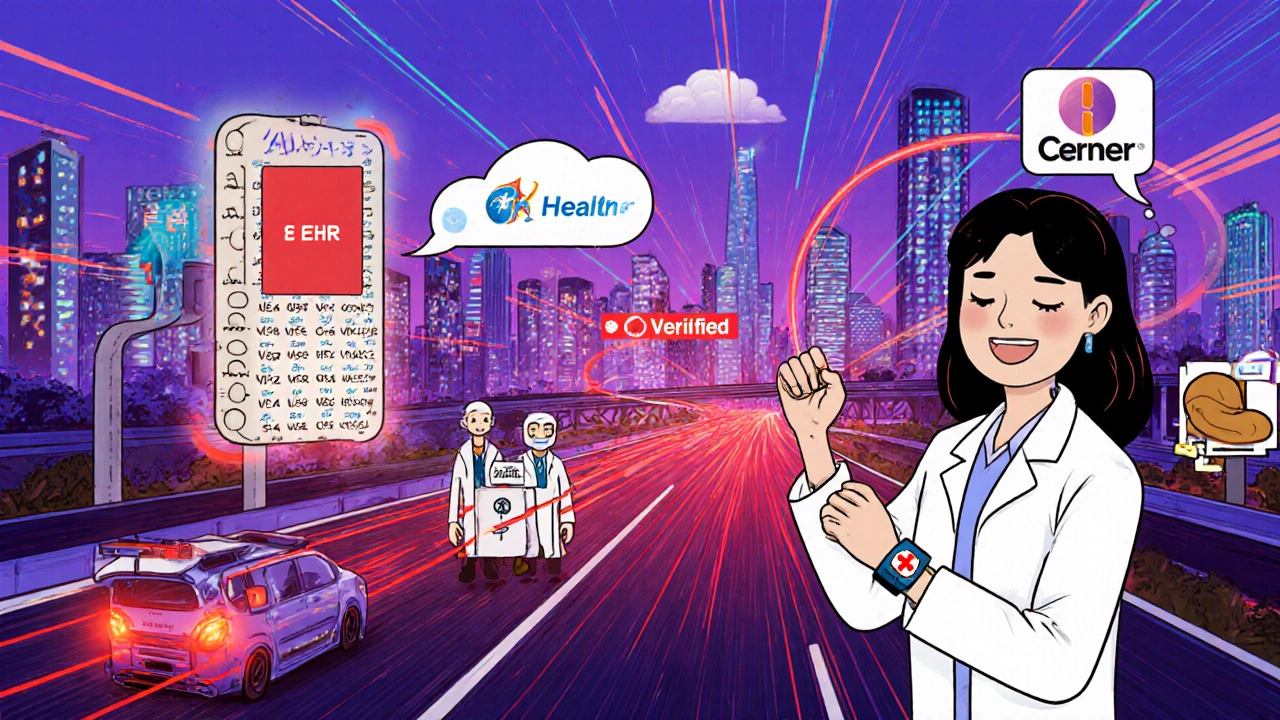 A patient&#039;s allergy data flows through connected health systems, with AI updating records and a medical bracelet glowing nearby.