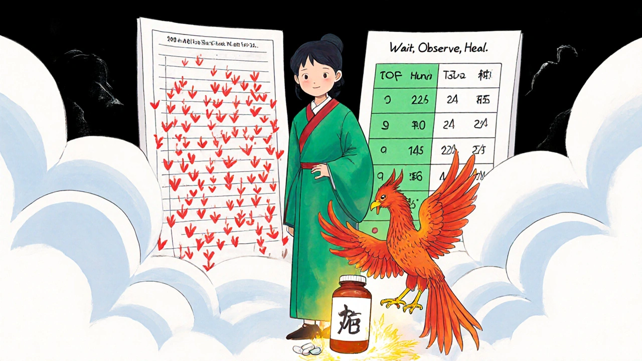 A patient beside their recovered self, comparing sick and healthy lab results, with a phoenix rising from a discarded pill.