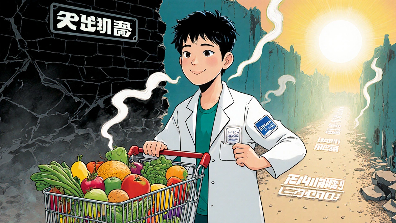 A patient holds an Emsam patch beside a cart of safe foods, with a collapsing wall of old MAOIs behind and a bright path ahead.