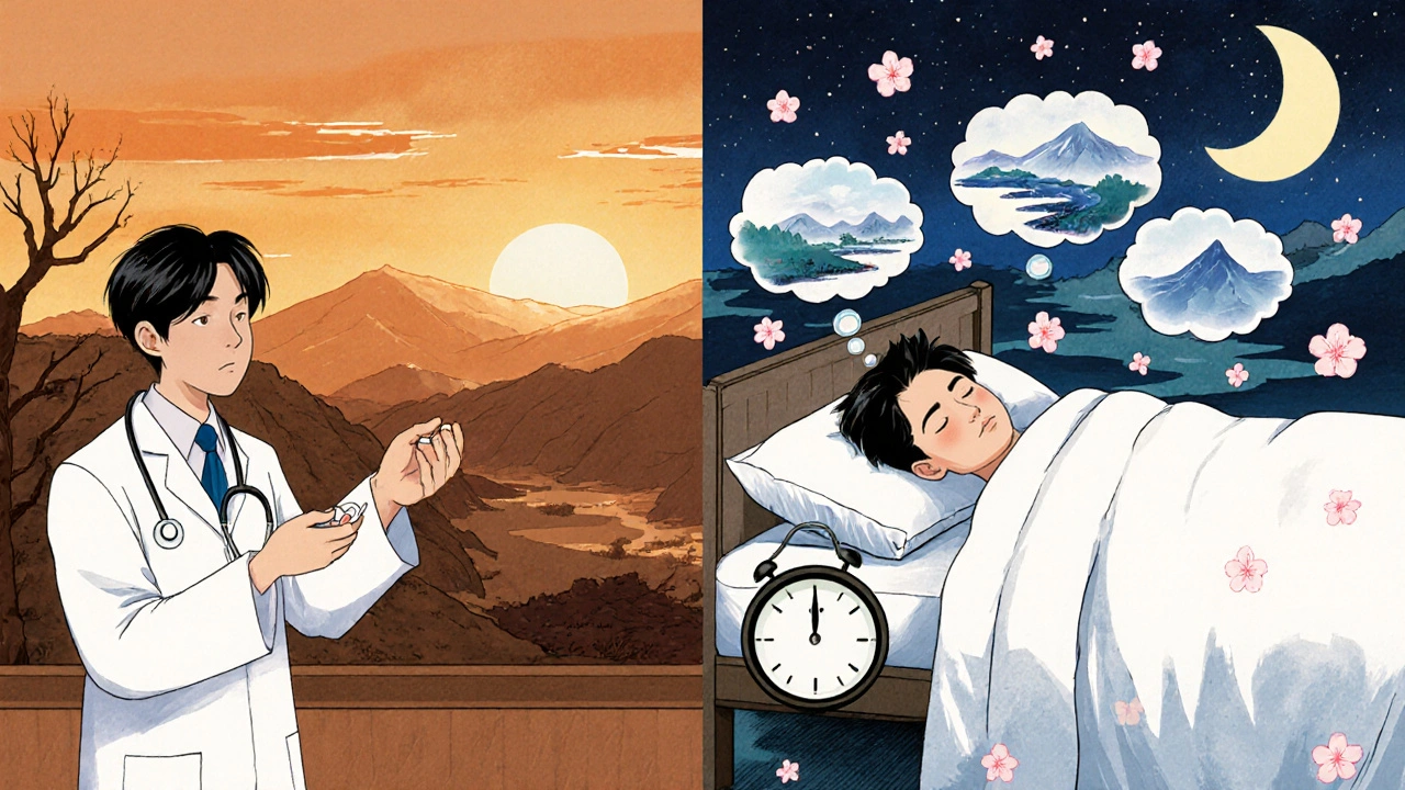 A patient receives mirtazapine at sunset and sleeps peacefully with calming dreams, contrasting agitation with rest.