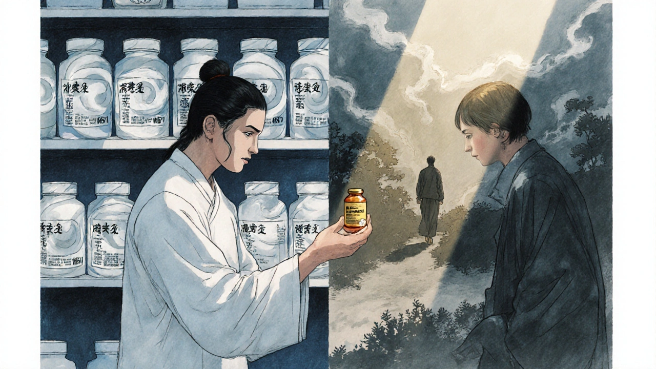 A patient receiving medication, with contrasting images of opioid risks and healthy movement.