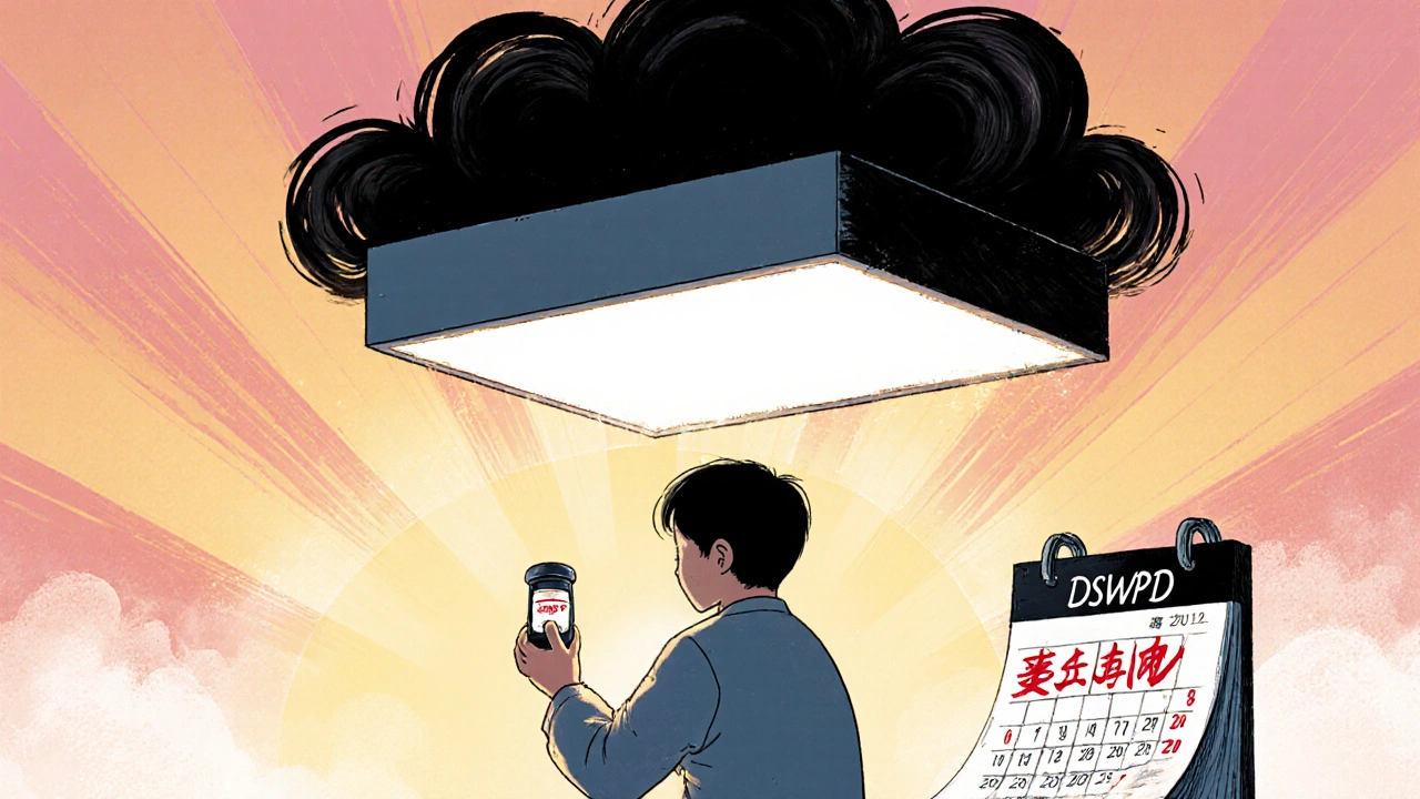 A person receiving morning light therapy as a dark cloud of sleep disorder fades away.