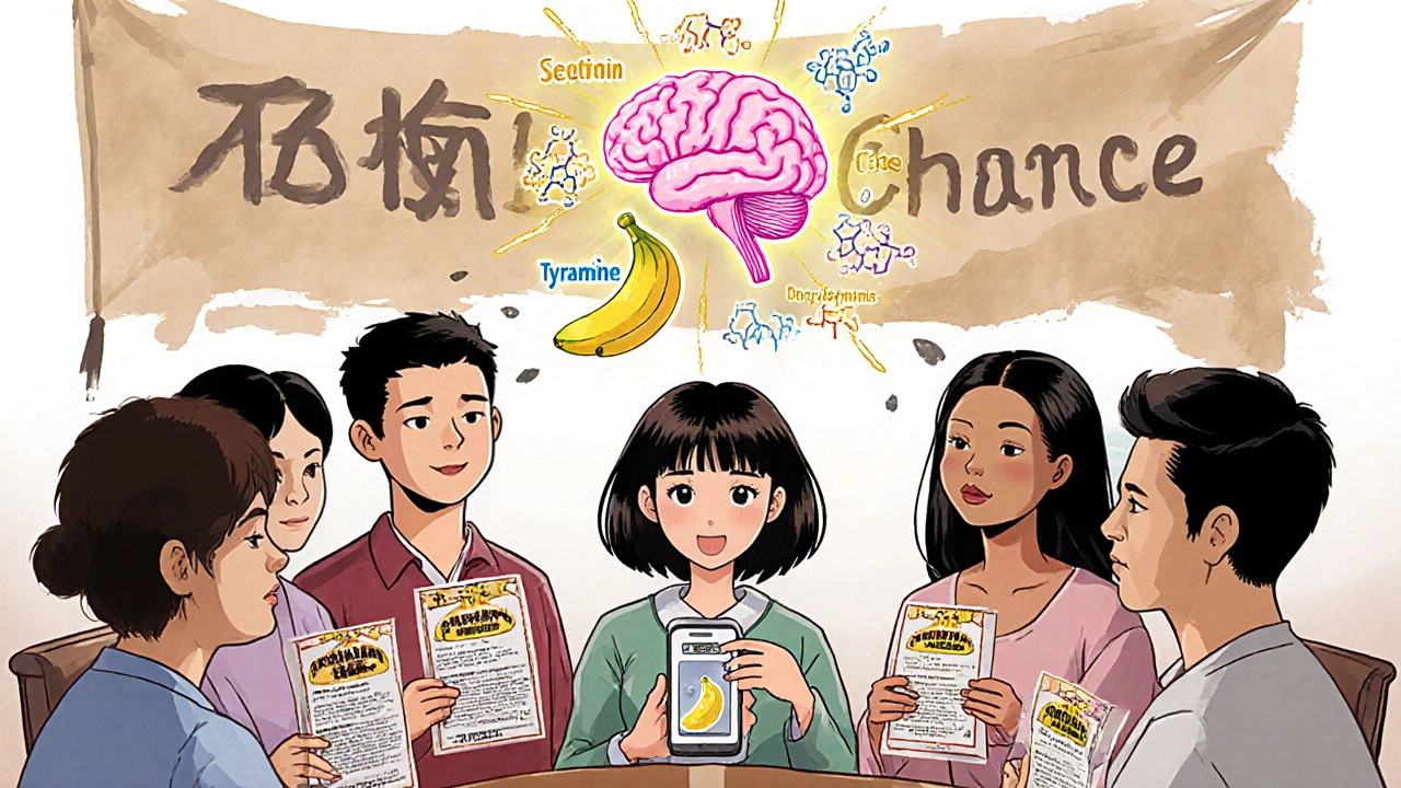 A support group scans food labels with a phone app, while a glowing brain diagram shows neurotransmitters flowing freely.