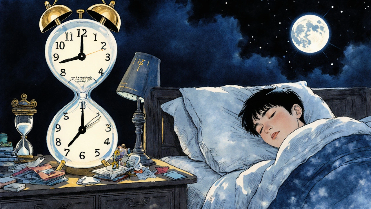 A teen asleep at a desk while their ghostly self sleeps late at night, with a backward hourglass nearby.