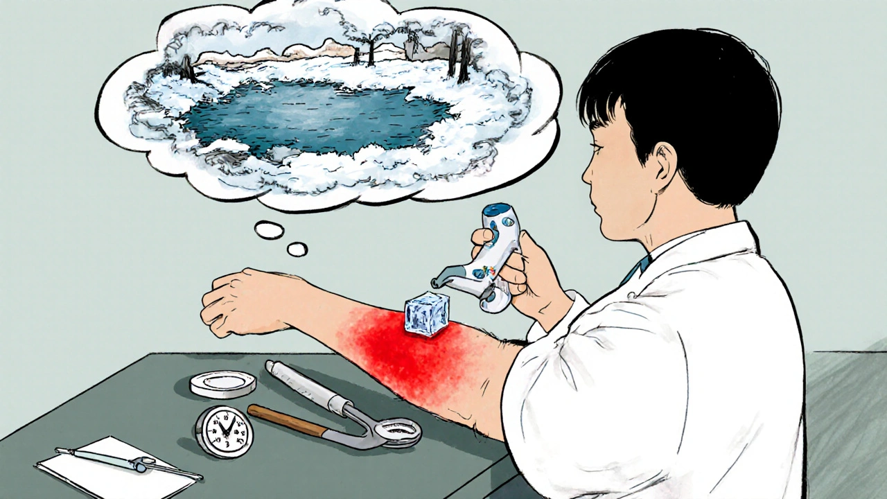 Doctor performing an ice cube test with a rising welt and a drowning thought bubble.