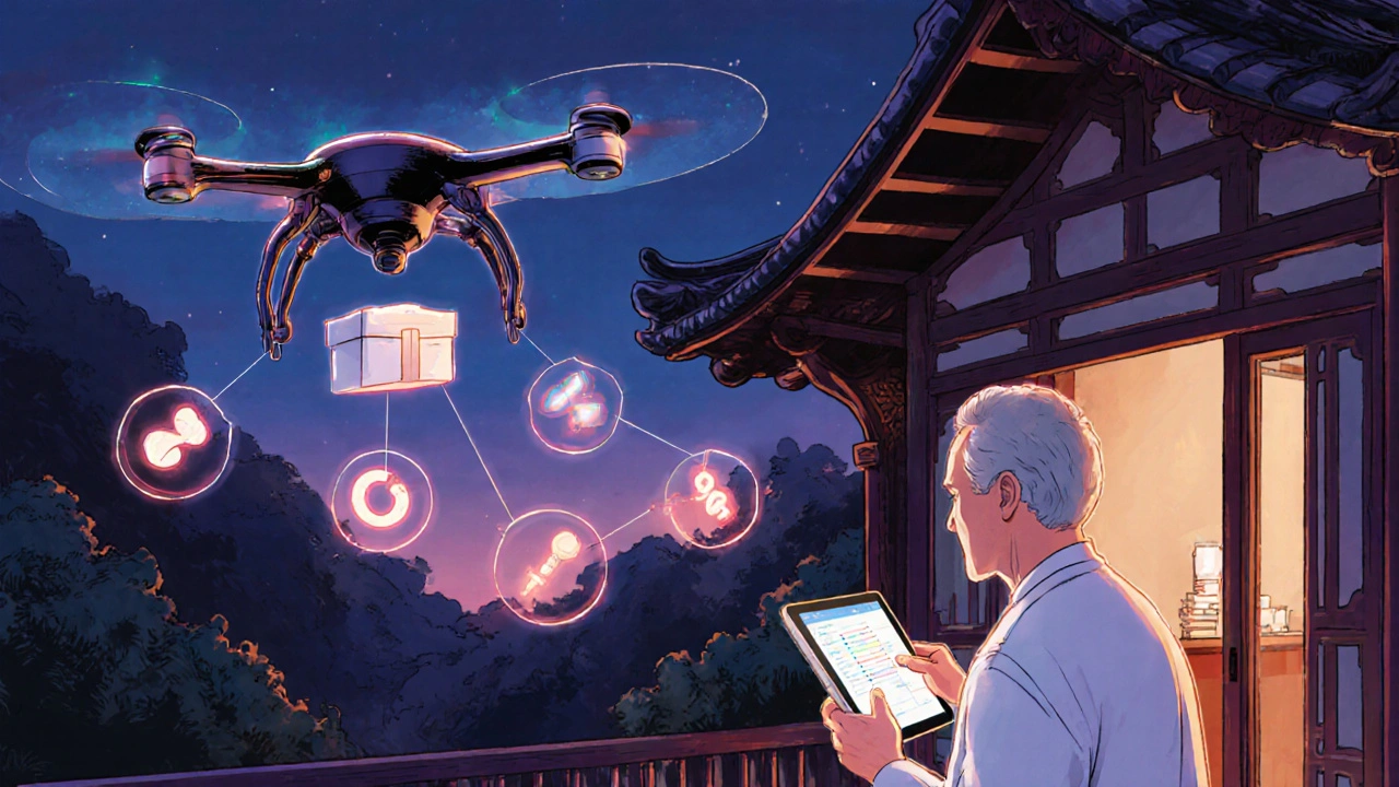 Drone delivers medicine to rural home while patient consults virtual pharmacist on tablet.