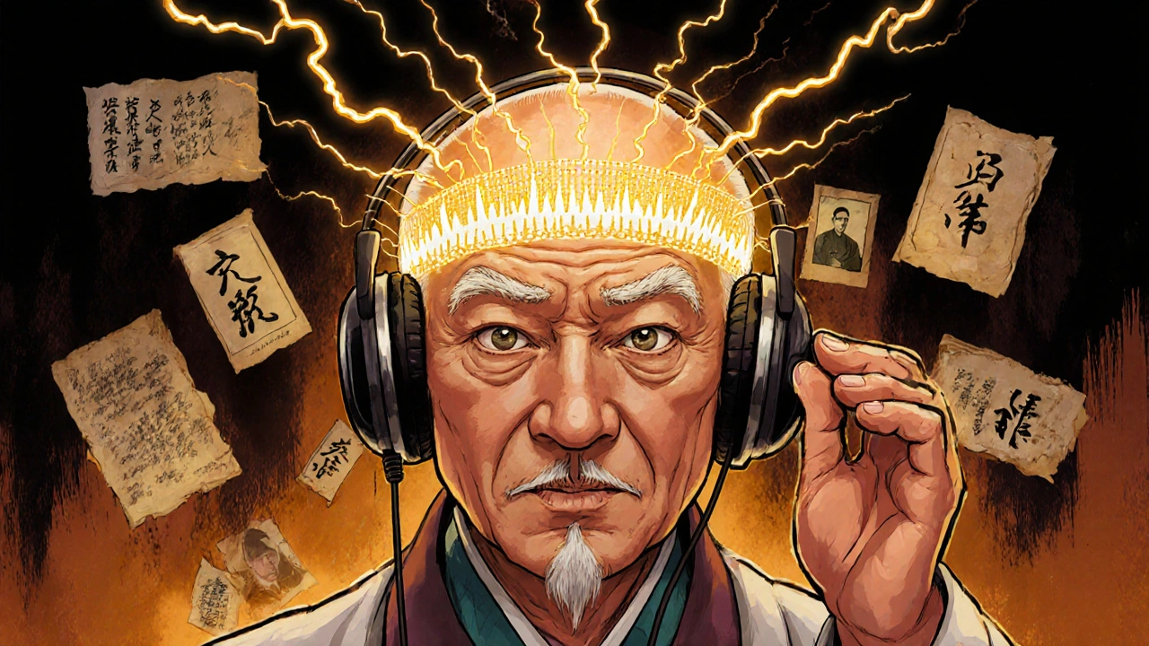 Elderly man with golden gamma waves connecting brain regions