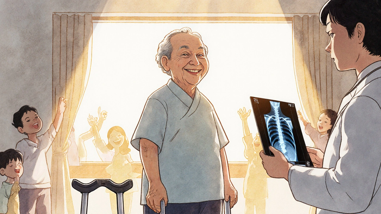 Elderly patient standing upright after kyphoplasty, smiling as sunlight shines through a hospital window.