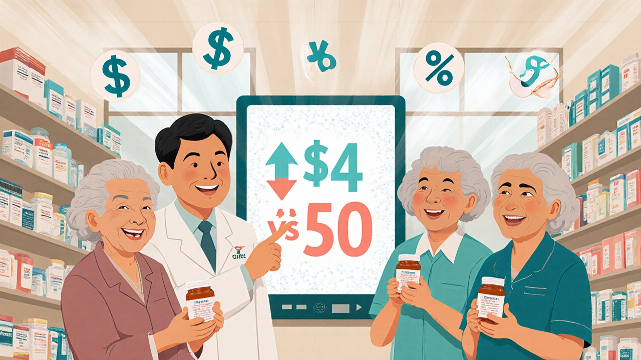 Elderly patients receive generic medications at a pharmacy, smiling as savings are displayed on a screen behind them.
