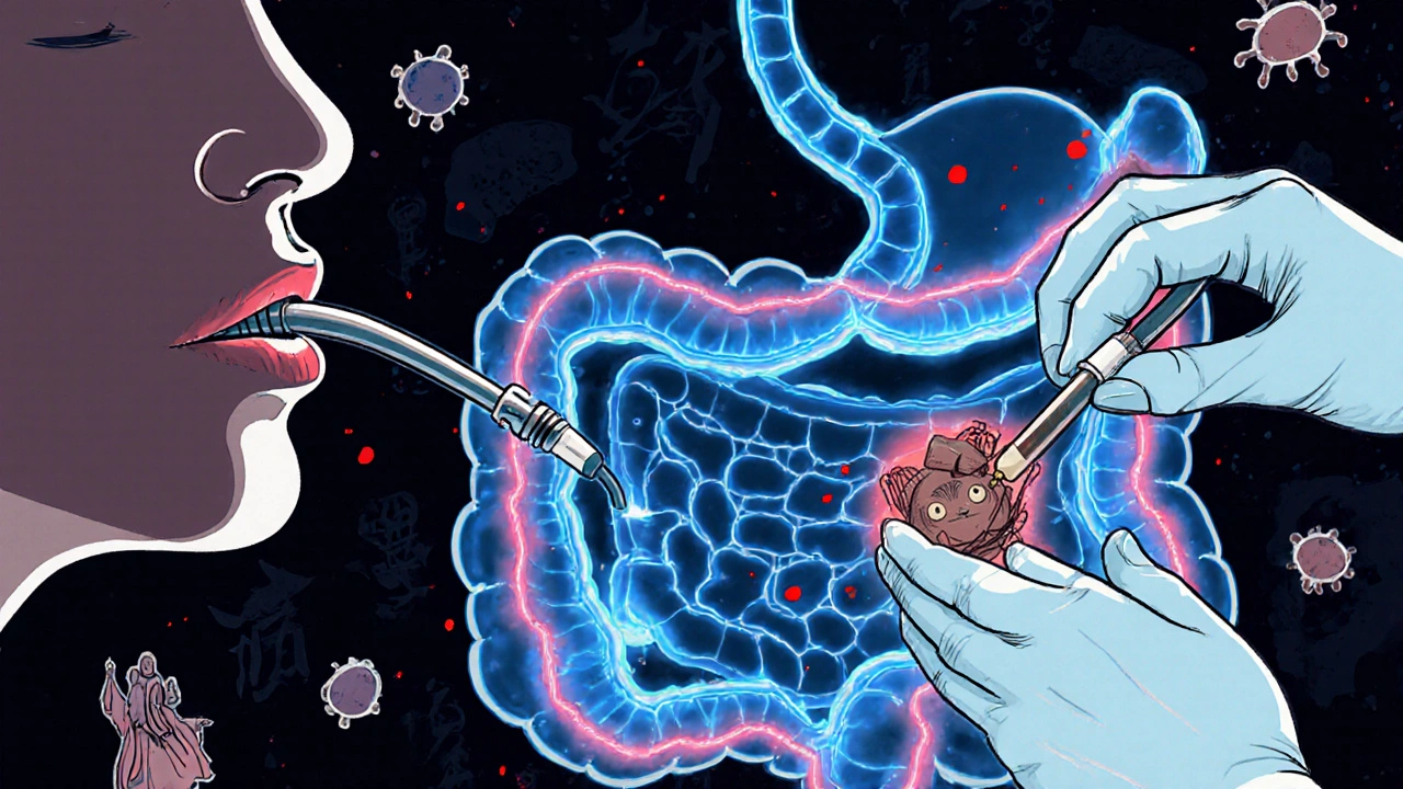 Endoscope extracting stone from bile duct in surreal Chinese manhua medical scene