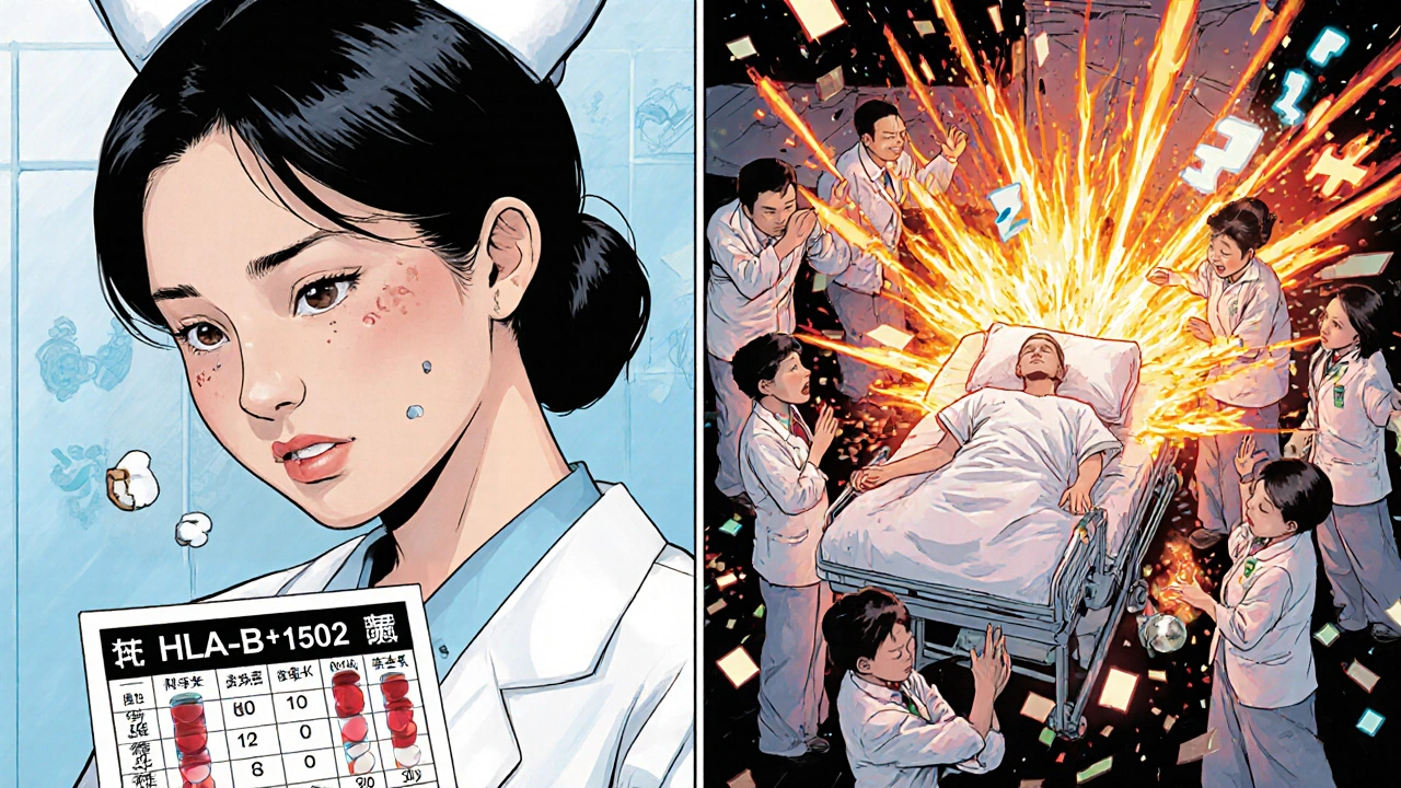 ER scene with one patient safely monitored and another experiencing severe drug reaction surrounded by glowing gene markers and medical panic.