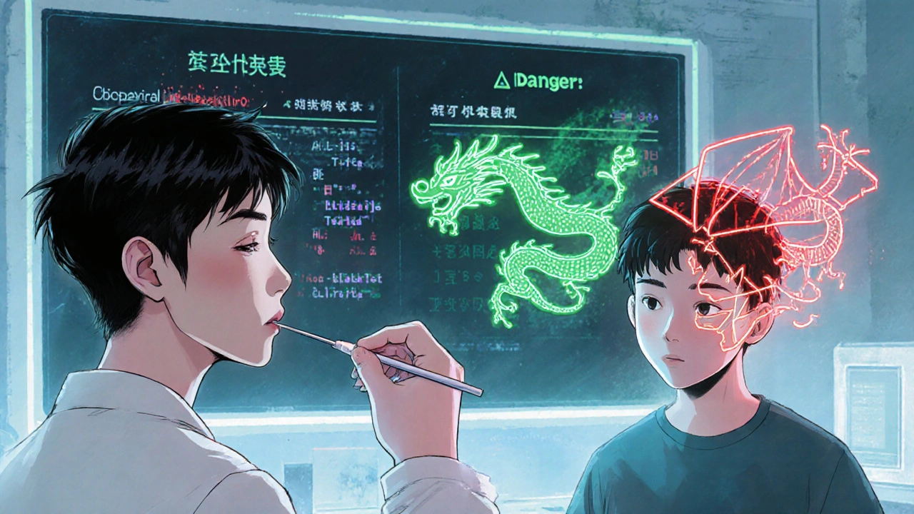 Genetic testing lab with holographic gene sequences glowing green and red, warning dragon motif, and digital screen showing drug safety status.