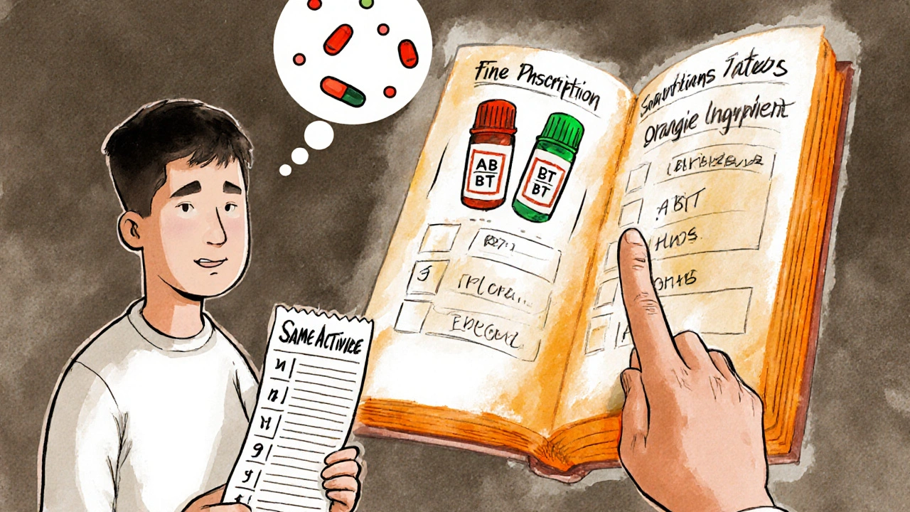 Patient and pharmacist examining therapeutic equivalency codes from the Orange Book with absorption diagrams.