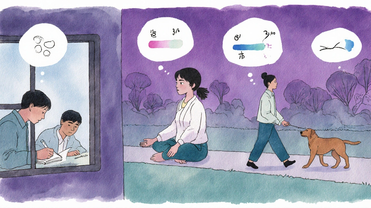 People practicing daily pain management habits like journaling, breathing, and walking.