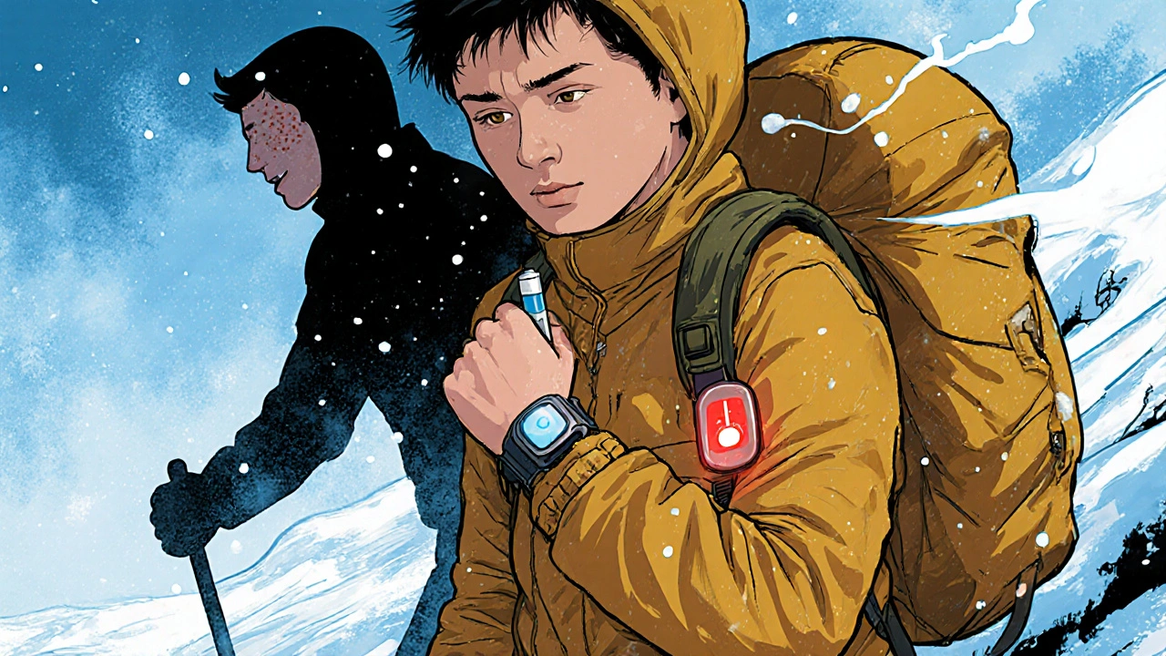 Person hiking in winter with layered clothes, EpiPen, and a temperature sensor alerting them.