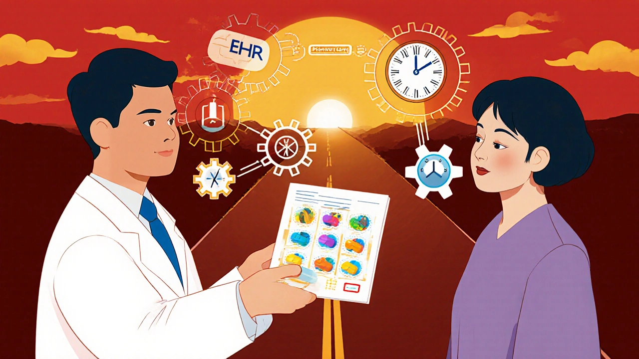Pharmacist giving a patient a colorful visual medication chart, AI icons above, gears connected smoothly.