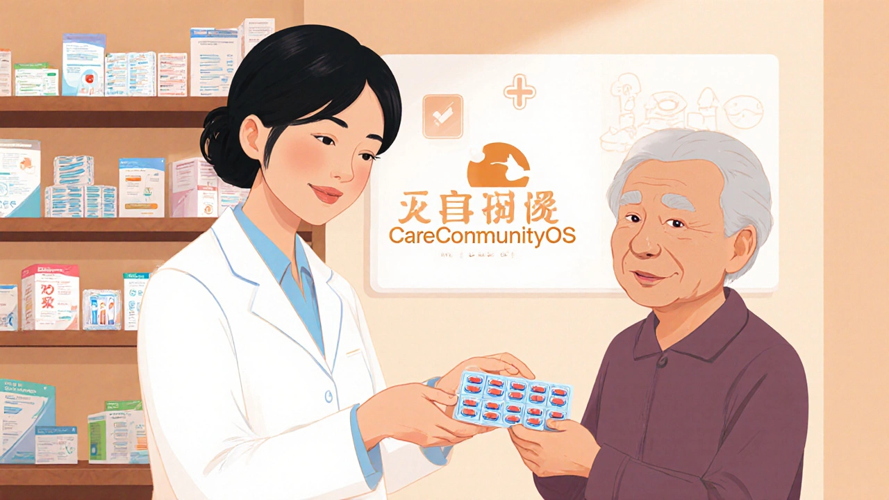 Pharmacist handing a pre-labeled blister pack to a patient in a clinic setting.