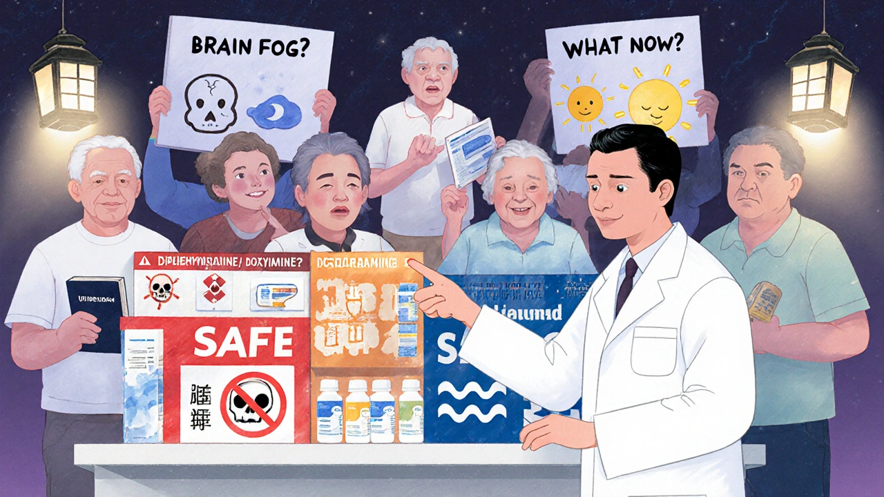 Pharmacist shows safe vs. risky antihistamines on shelf, seniors holding questions.