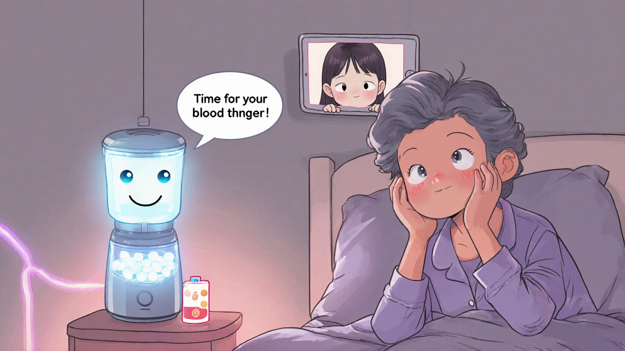 Senior woman receiving a voice reminder from a smart pill dispenser while her daughter monitors remotely.