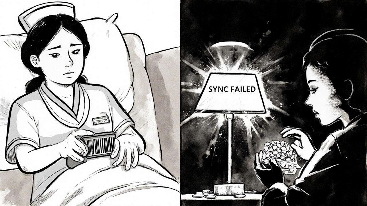 Split scene: nurse with failed barcode scan and patient mixing pills at home, broken EHR screen glowing.