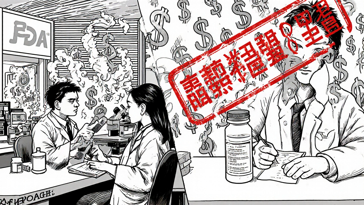 Split scene of drug testing lab and pharmacy with BX code stamp and savings graph in background.