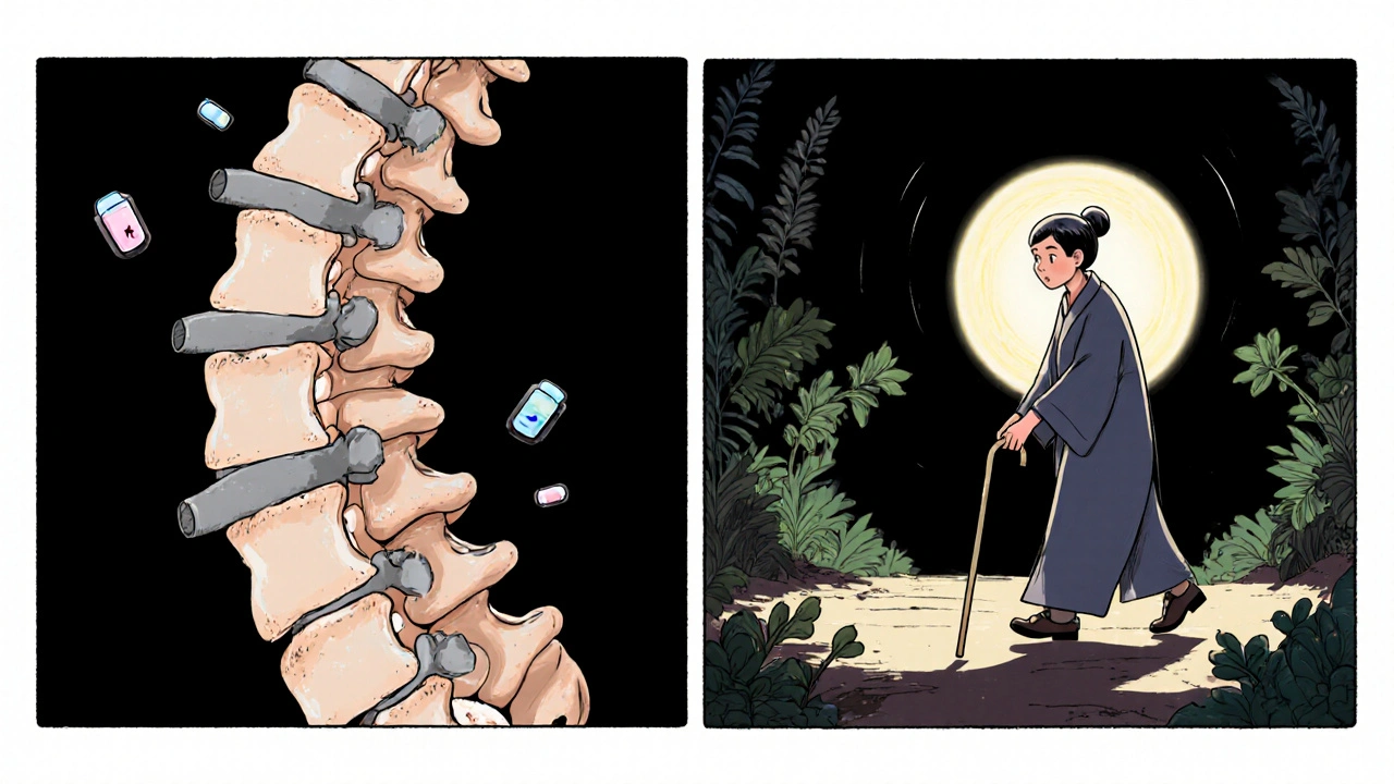 Symbolic comparison of untreated osteoporosis causing new fractures versus patient taking steps to strengthen bones.