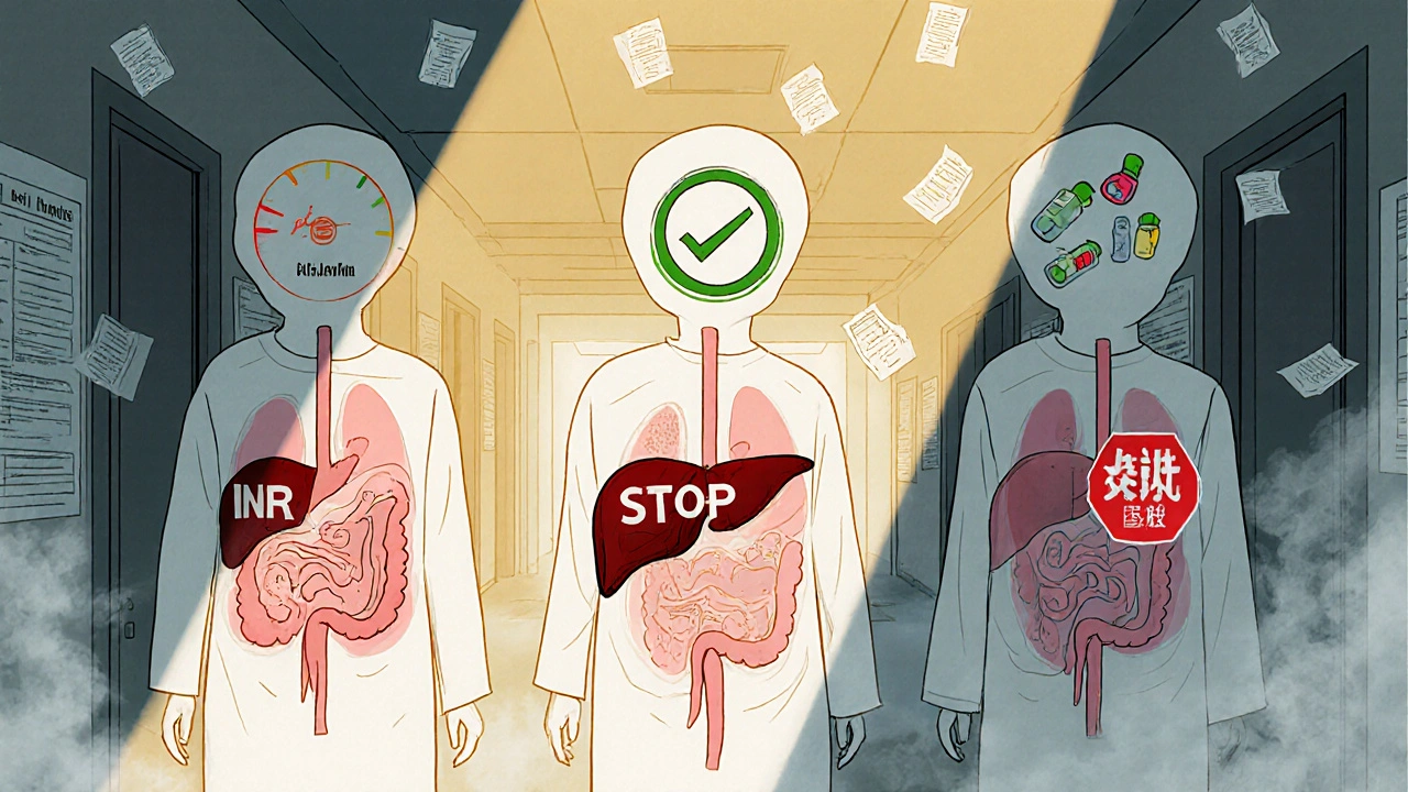 Three patients with visible organs, each marked by different anticoagulation outcomes in a hospital setting.