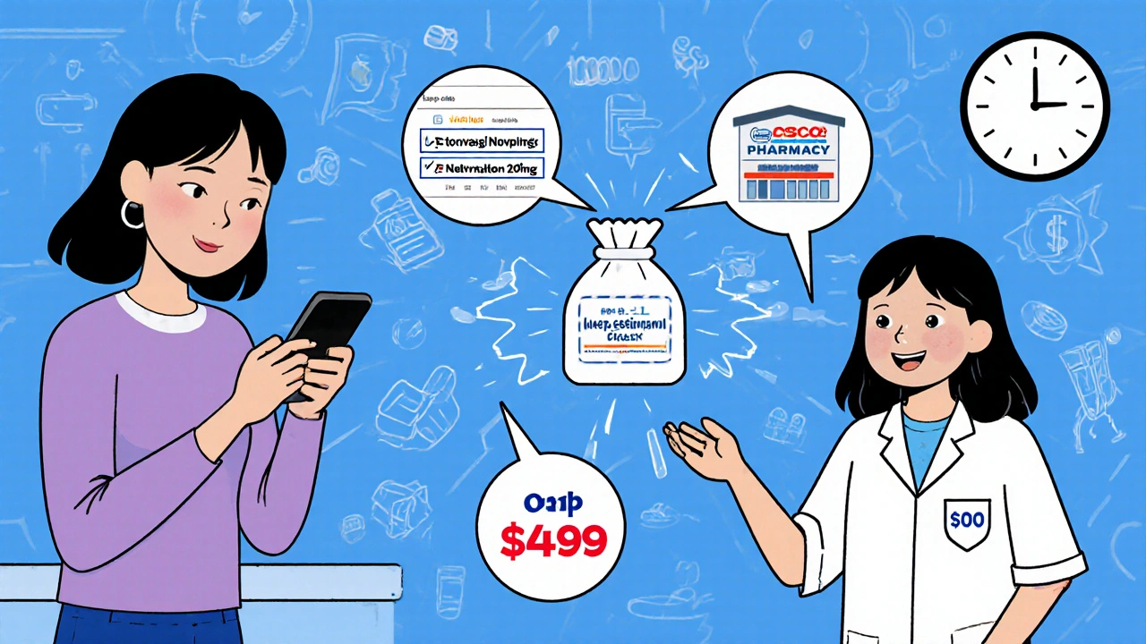 Woman completing a 10-minute pharmacy price check, smiling as she receives a cheap prescription at the counter.