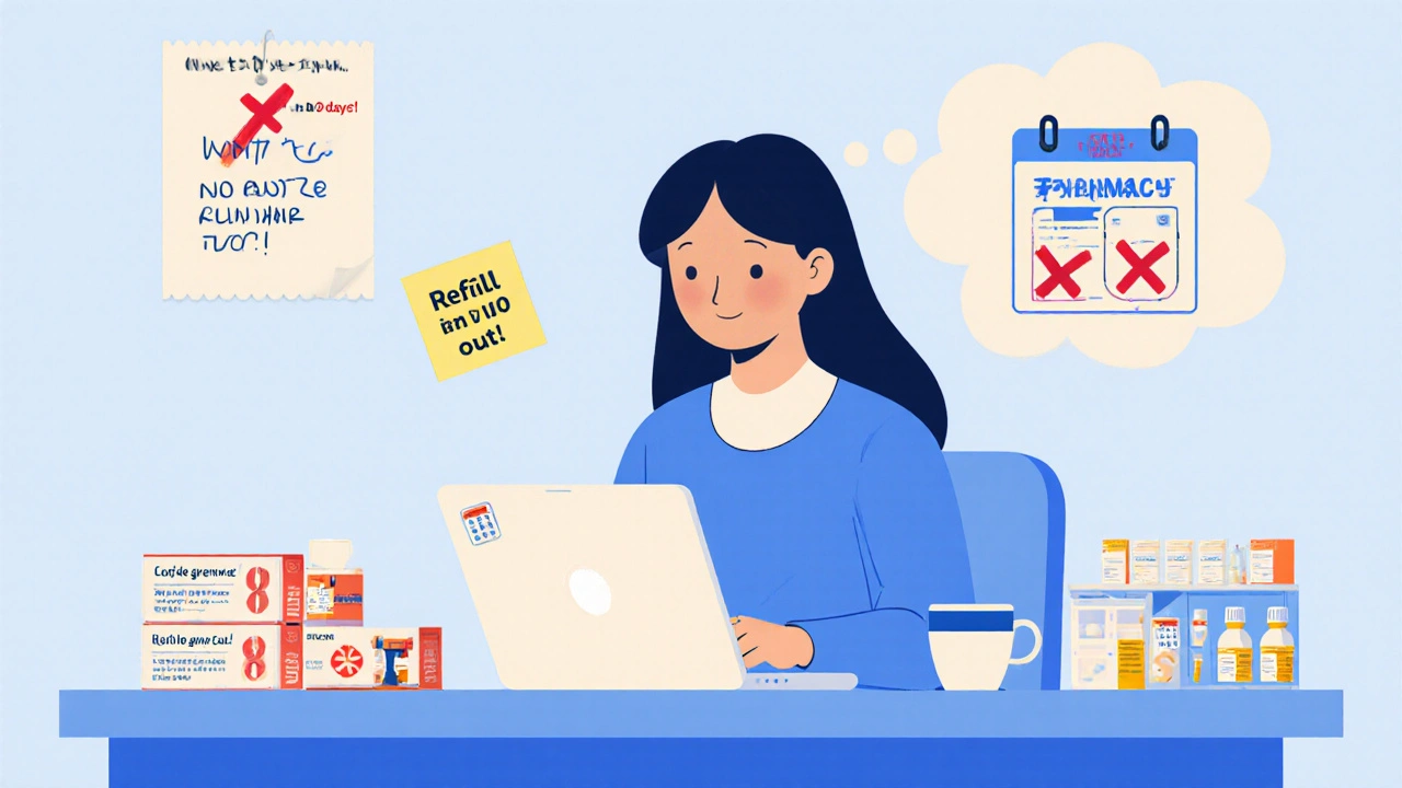 Woman organizes 90-day prescriptions at kitchen table with refill reminder calendar.