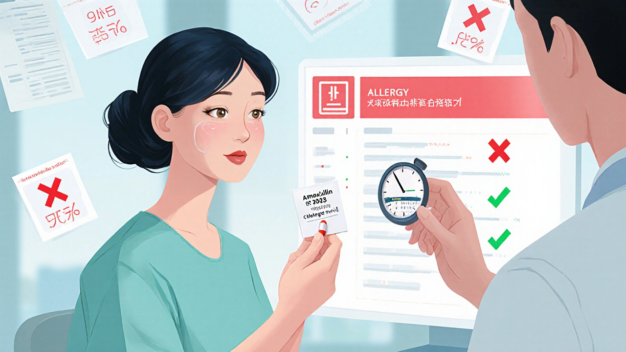 Woman receiving a safe drug challenge test as a digital screen confirms her penicillin allergy is resolved.