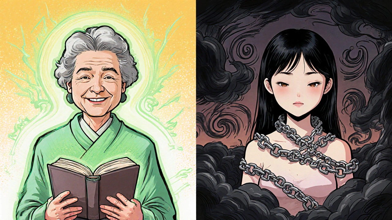 Woman taking safe antihistamine with clear mind, another burdened by foggy chains.