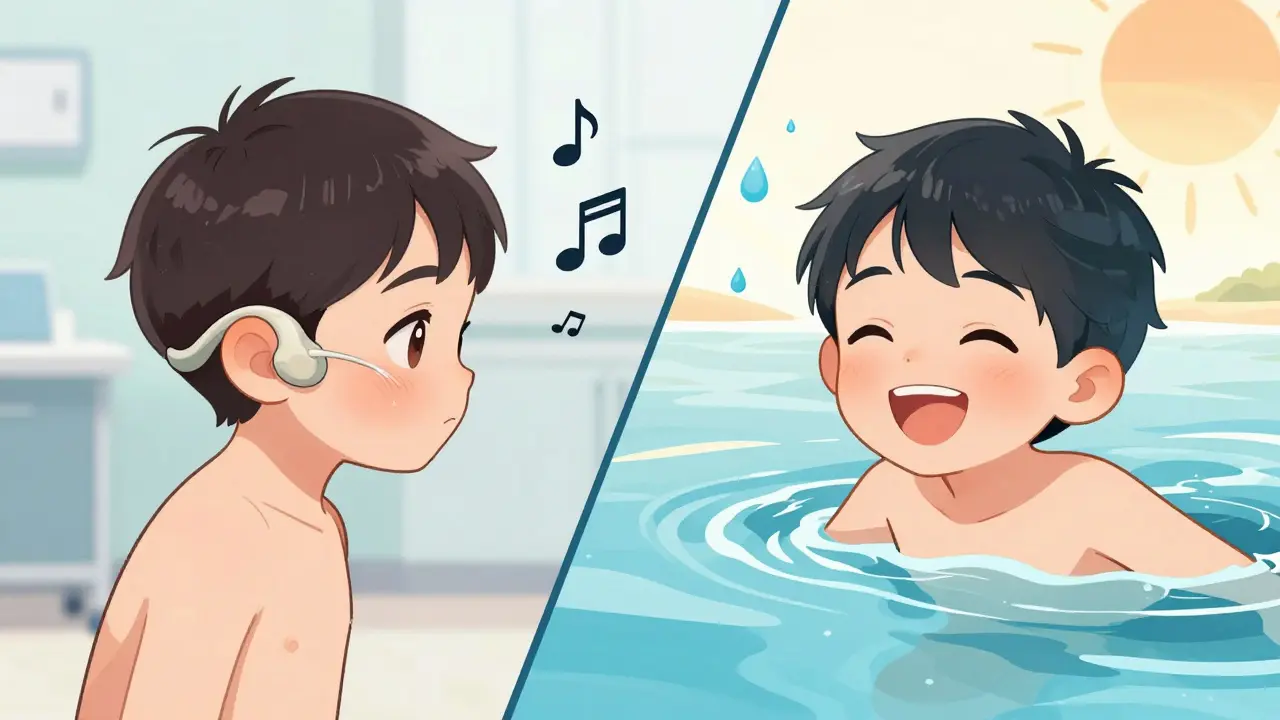 A child with congenital hearing loss using a bone-conduction device, transitioning from clinic to beach with sound vibrations shown visually.