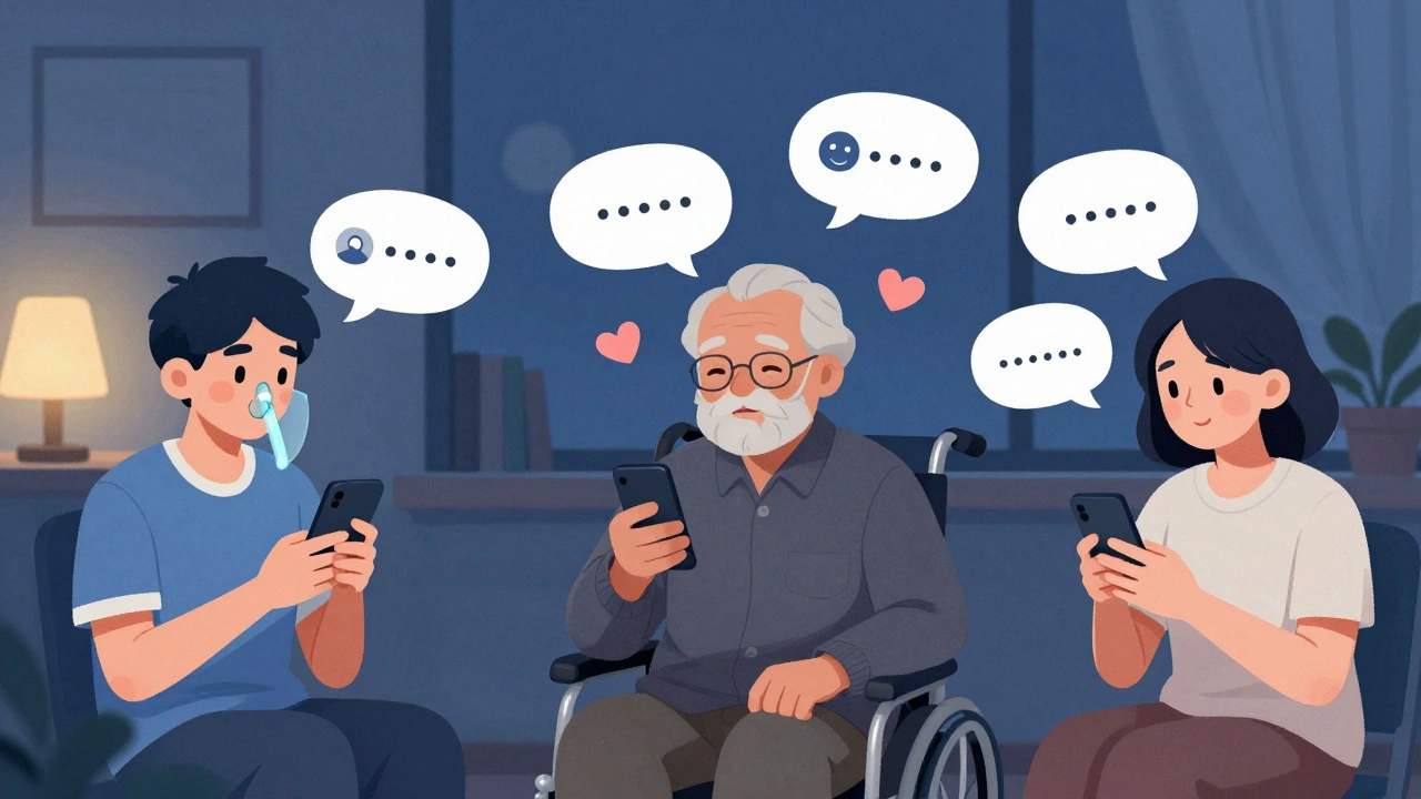 A diverse group of patients sharing supportive messages in a late-night online health community.