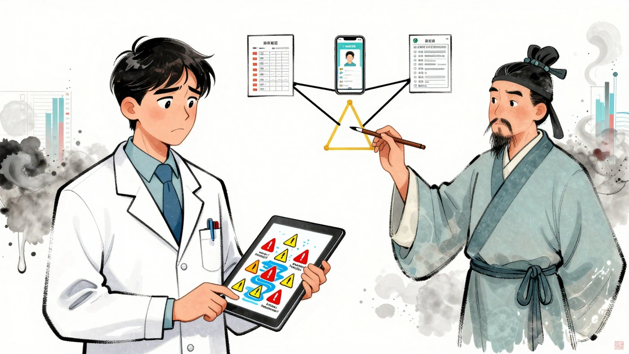 A doctor surrounded by alert icons, a scientist painting a golden link between three data sources.
