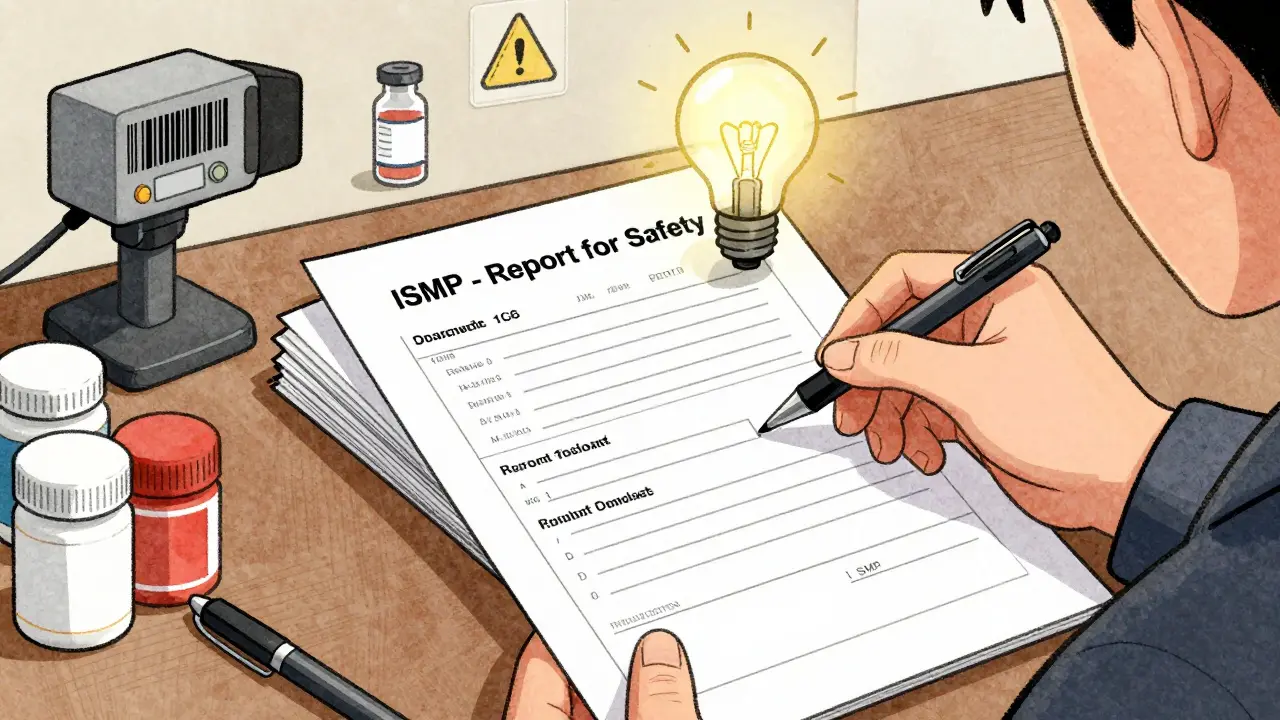 A hand submits a medication error report to ISMP with prescription copies and a glowing lightbulb above the form.
