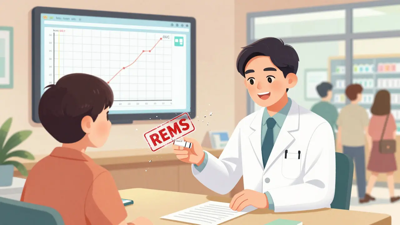 A psychiatrist giving a clozapine prescription without paperwork, as REMS forms dissolve in dust.