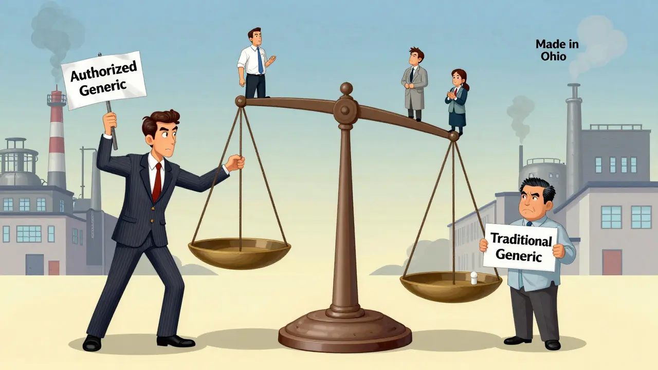 A scale balancing brand pharmaceutical company against independent generic maker, with FDA inspectors watching.