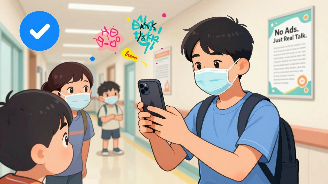 A teen with cystic fibrosis filming an authentic TikTok video in a hospital hallway, surrounded by others watching.