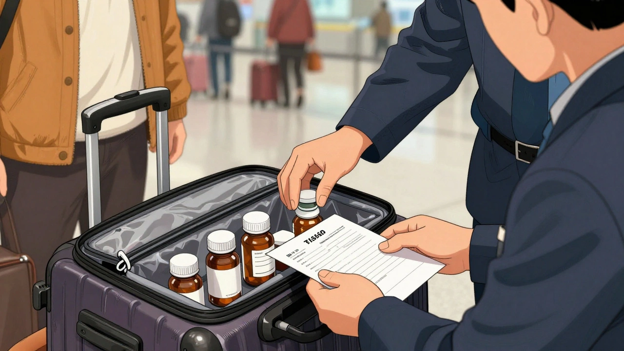 A traveler opening a carry-on bag at airport security, showing labeled medication bottles and a doctor’s note to a TSA officer.