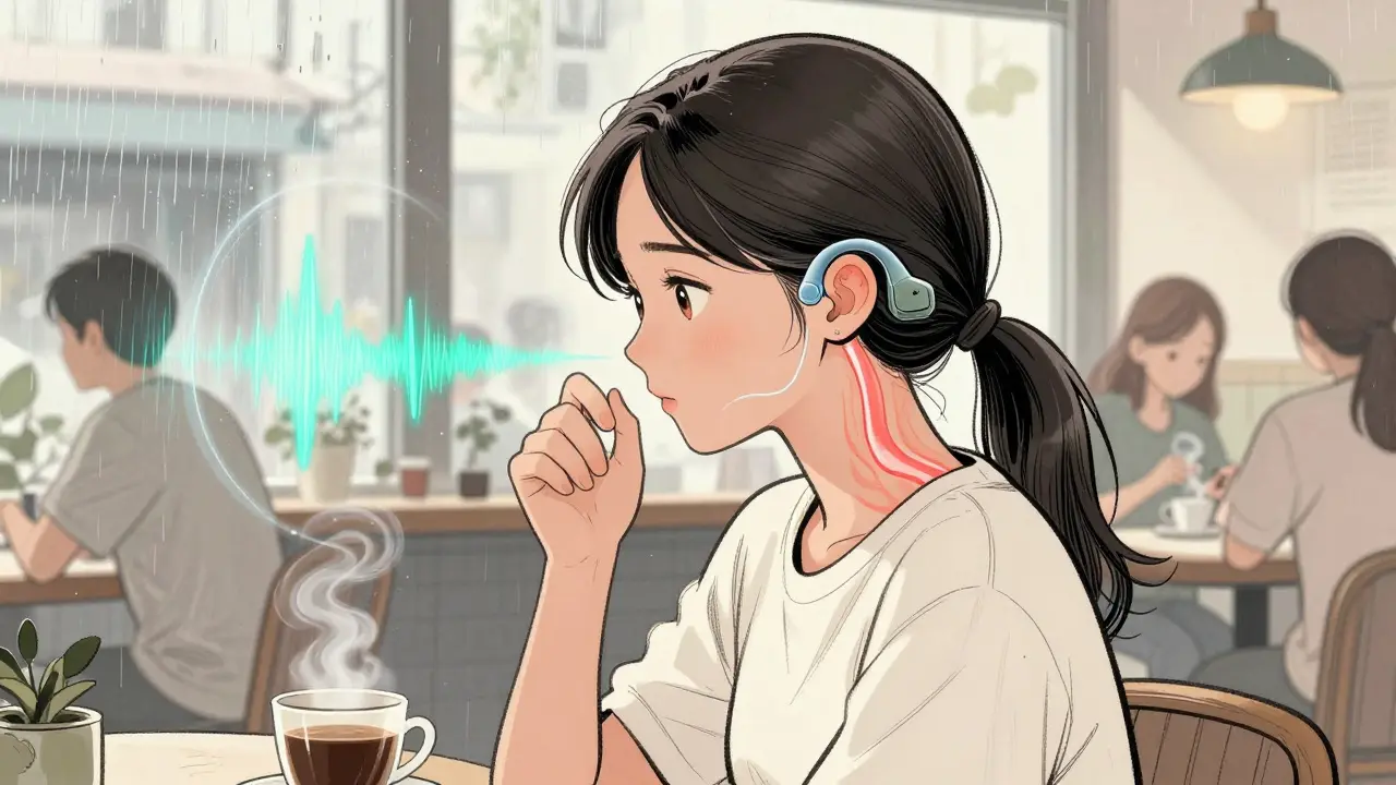 A woman in a café with a discreet bone-conduction processor, visualized sound waves bypassing her blocked ear canal.
