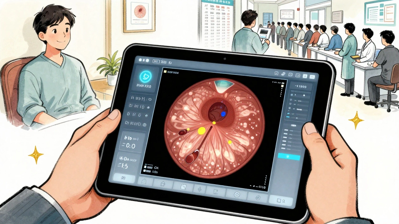 AI analyzing a retinal image on a tablet, showing healthy and abnormal blood vessels, with a split background of home and clinic.