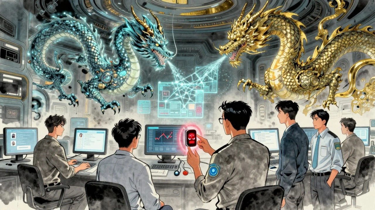 AI dragons scanning holographic patient data in a control room, humans analyzing signals from wearables and EHRs.