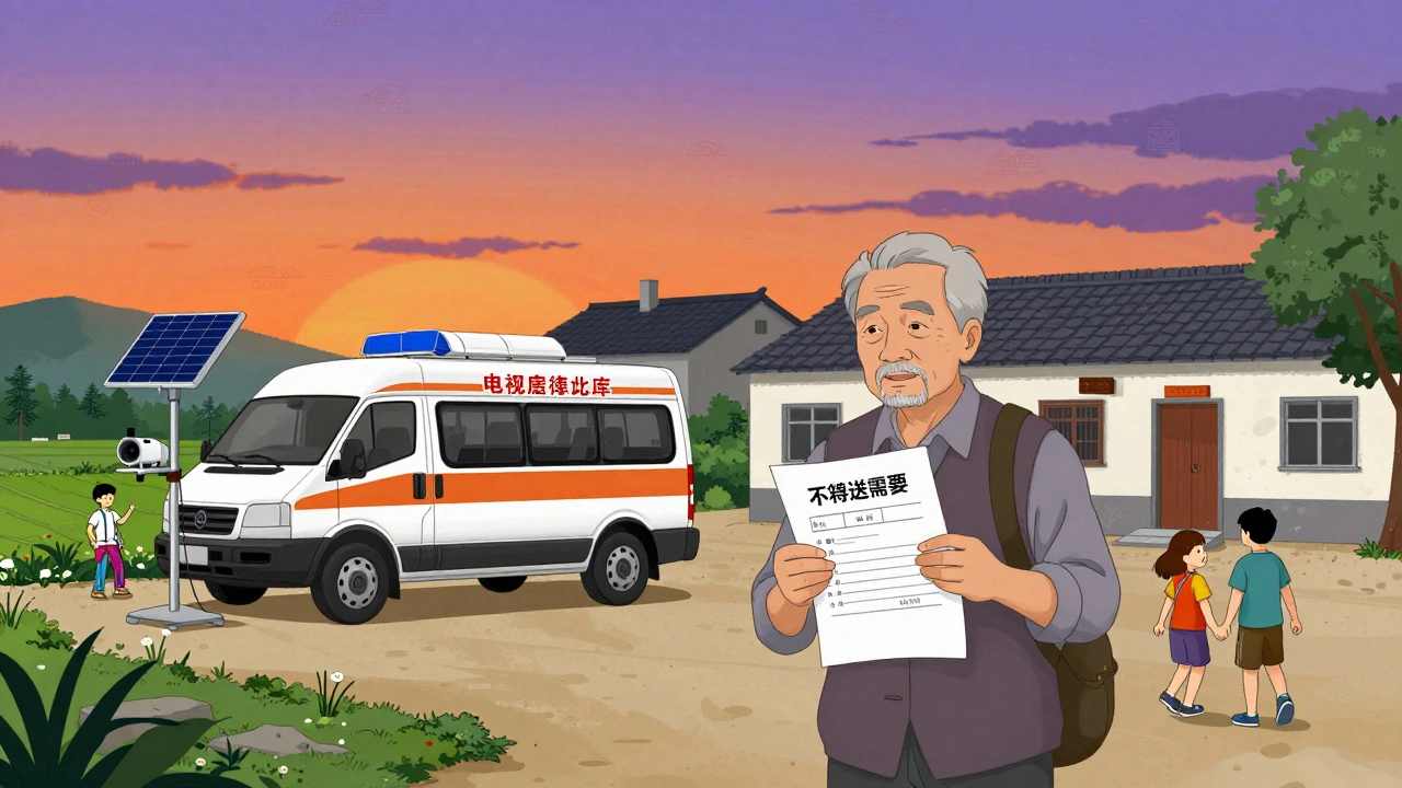 An elderly man walks home after a teleophthalmology screening in a rural village, with a mobile screening van parked nearby at sunset.