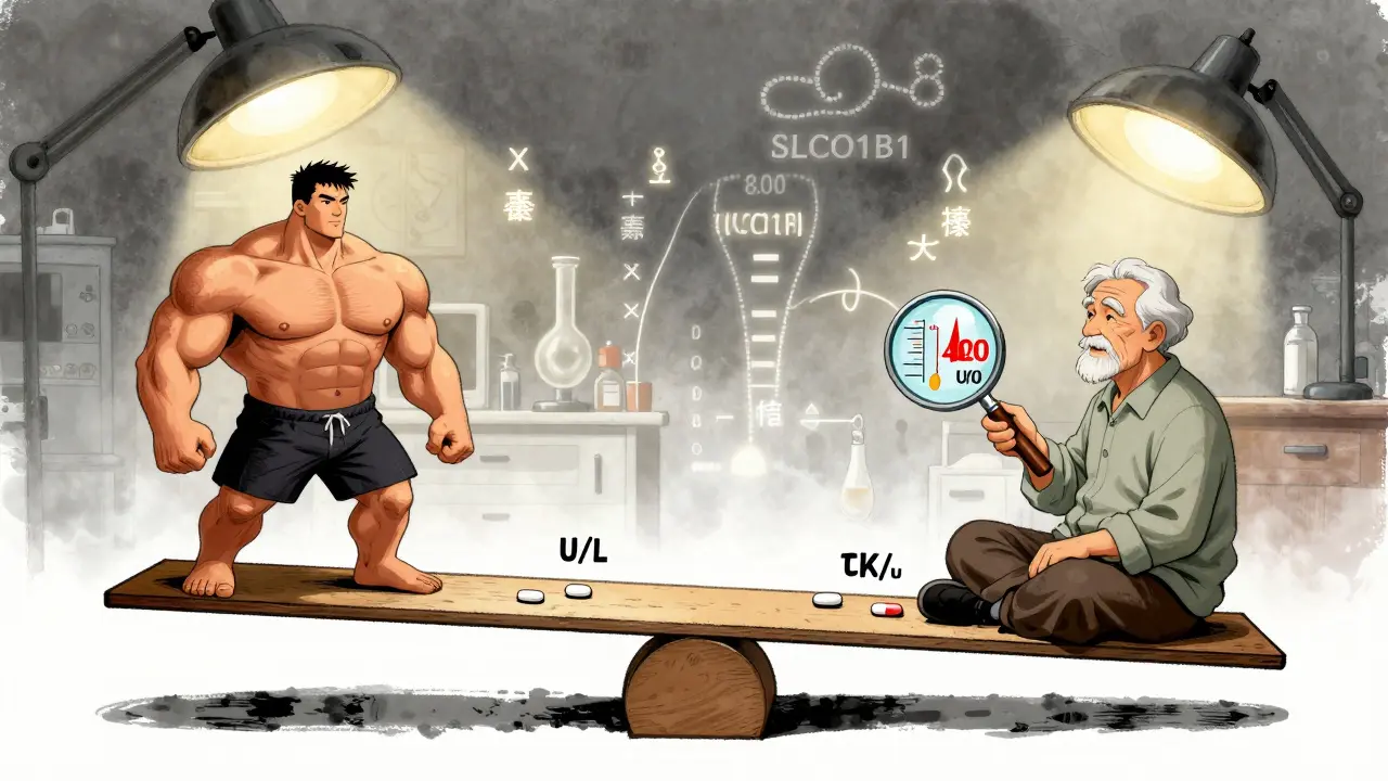 Athlete and senior compared on a seesaw with different CK levels under statin pills, genetic symbols in background.