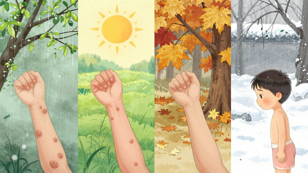 Child&#039;s arm healing over seasons, bumps fading naturally with changing weather.