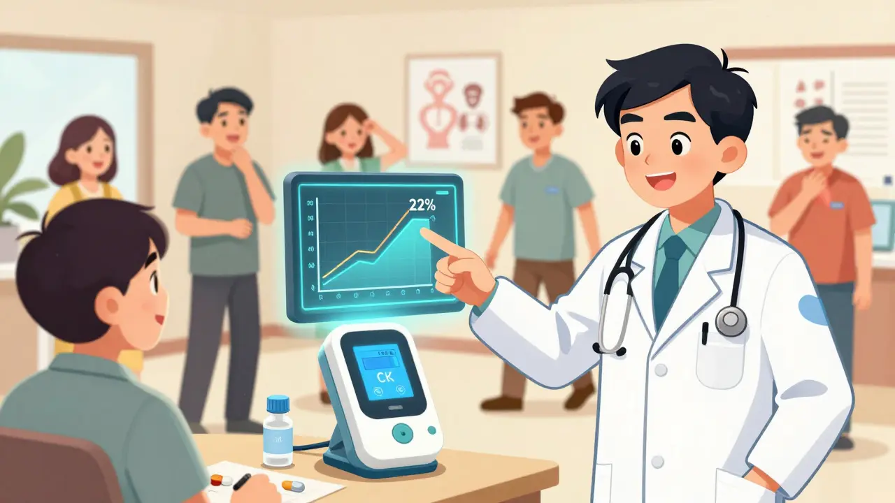 Clinic scene with doctor showing a 22% reduction graph, patients continuing statins, point-of-care device glowing.