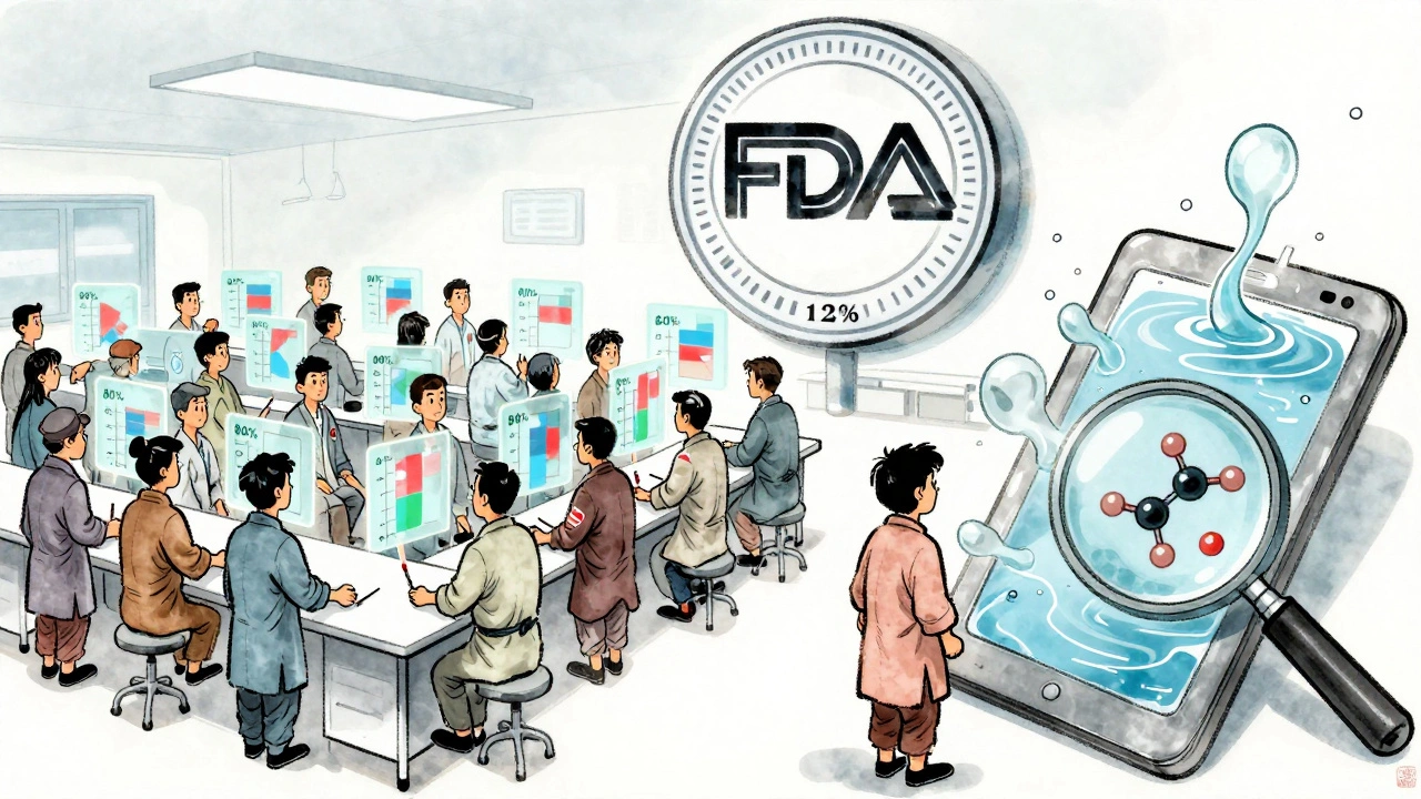 Clinical lab with volunteers giving blood samples, floating Cmax and AUC graphs glowing between 80% and 125% thresholds.