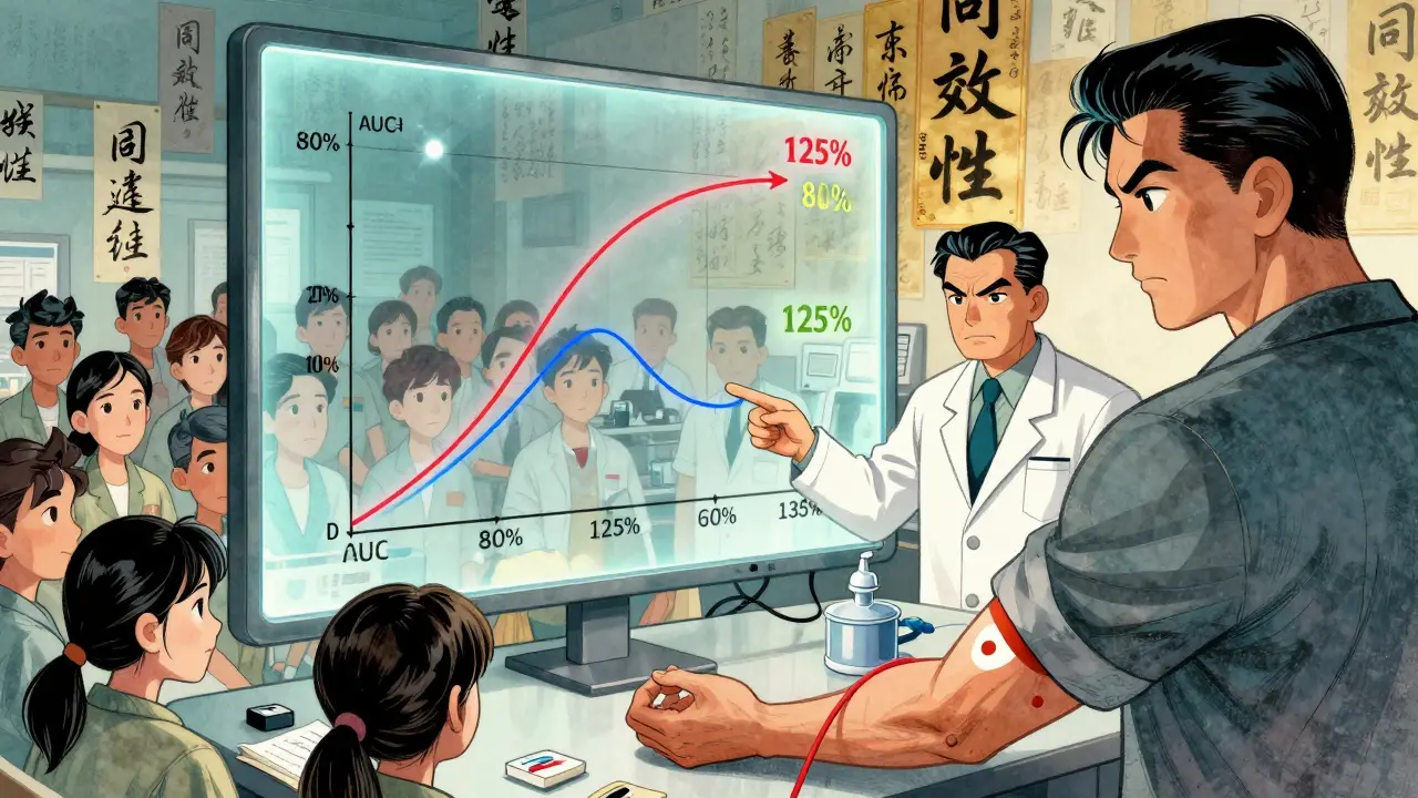 Clinical study with volunteers and glowing drug absorption graphs, FDA inspector pointing at bioequivalence data