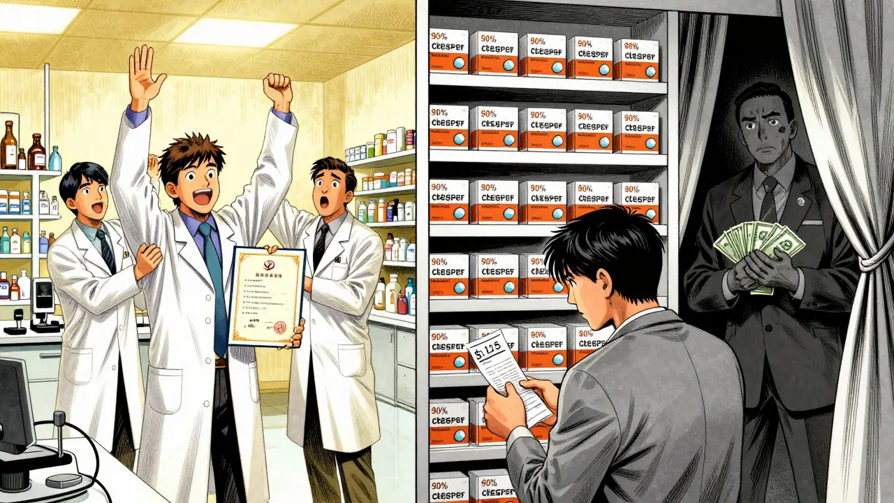 Contrasting scene: lavish brand drug lab vs. crowded generic pharmacy shelf with confused patient and hidden PBM executive.