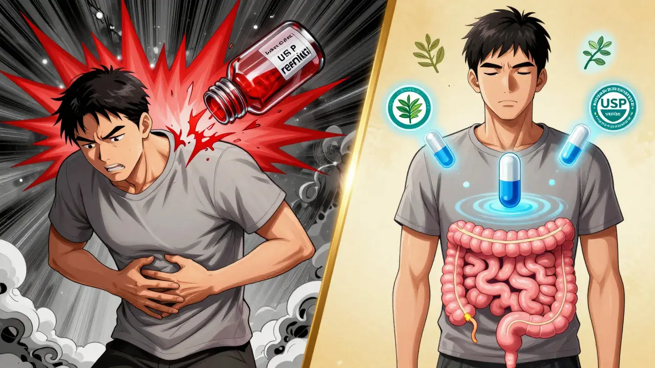 Contrasting scenes: chaotic stomach from uncoated oil vs. peaceful intestine with enteric-coated capsule, manhua style.